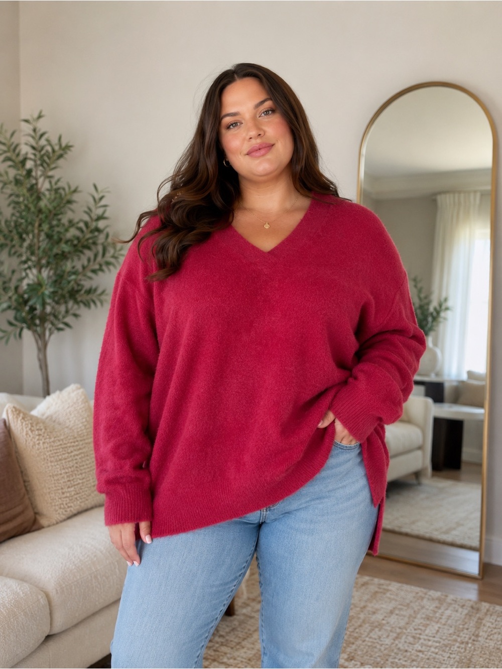 Ava & Viv Sweater Red Fuzzy V Neck Tunic Pullover Long Sleeve